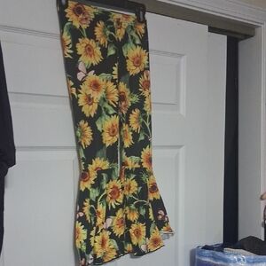 Sunflower Print Flared Maxi Pants Bell Bottoms - Black & Yellow
